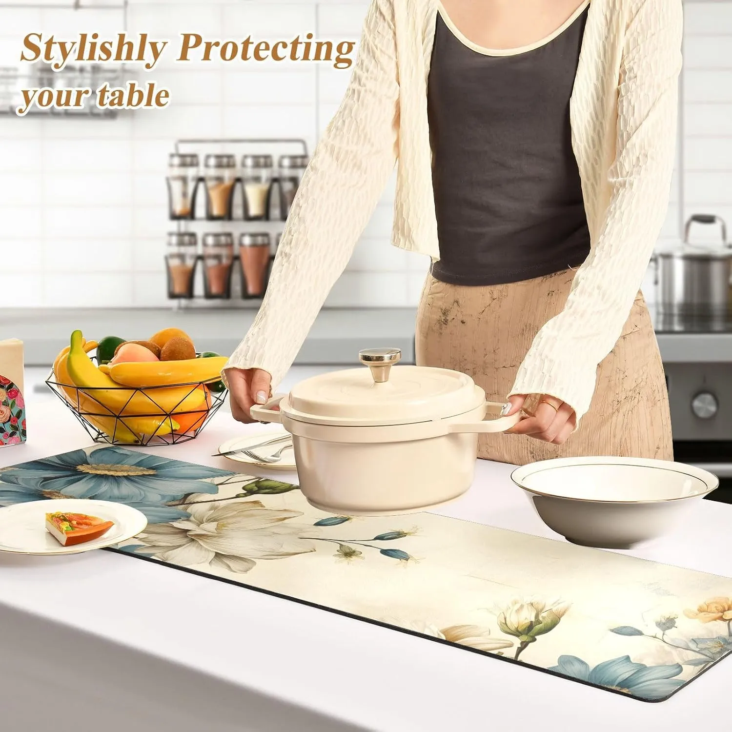 Heat Resistant Table Runner&Trivet Runners Anti Slip Waterproof Trivets for Hot Dishes and Pans Kitchen Farmhouse Wedding Party Countertops Decoration 12X39 in Beige Flower