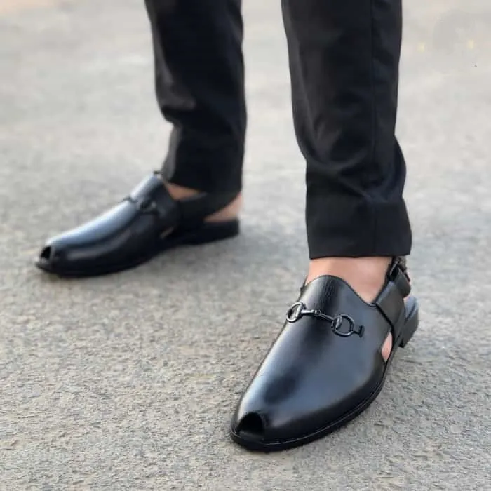 Hedgez Premium Leather Handmade Peshawari Black Sandal-9230