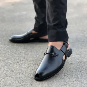 Hedgez Premium Leather Handmade Peshawari Black Sandal-9230