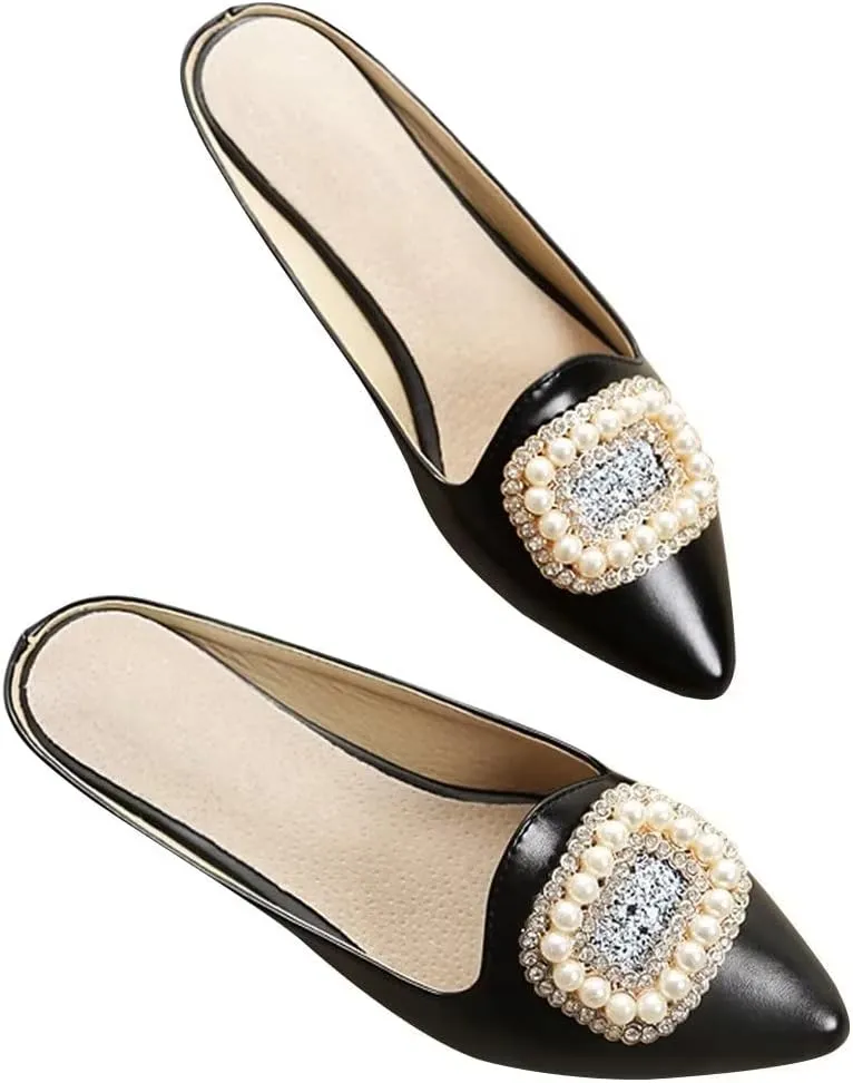 Hee grand Women's Flat Mules Crystal Shoes Rhinestone Pointed Toe Backless Slides Light Weight Slip on Loafers