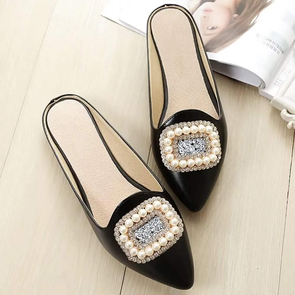 Hee grand Women's Flat Mules Crystal Shoes Rhinestone Pointed Toe Backless Slides Light Weight Slip on Loafers