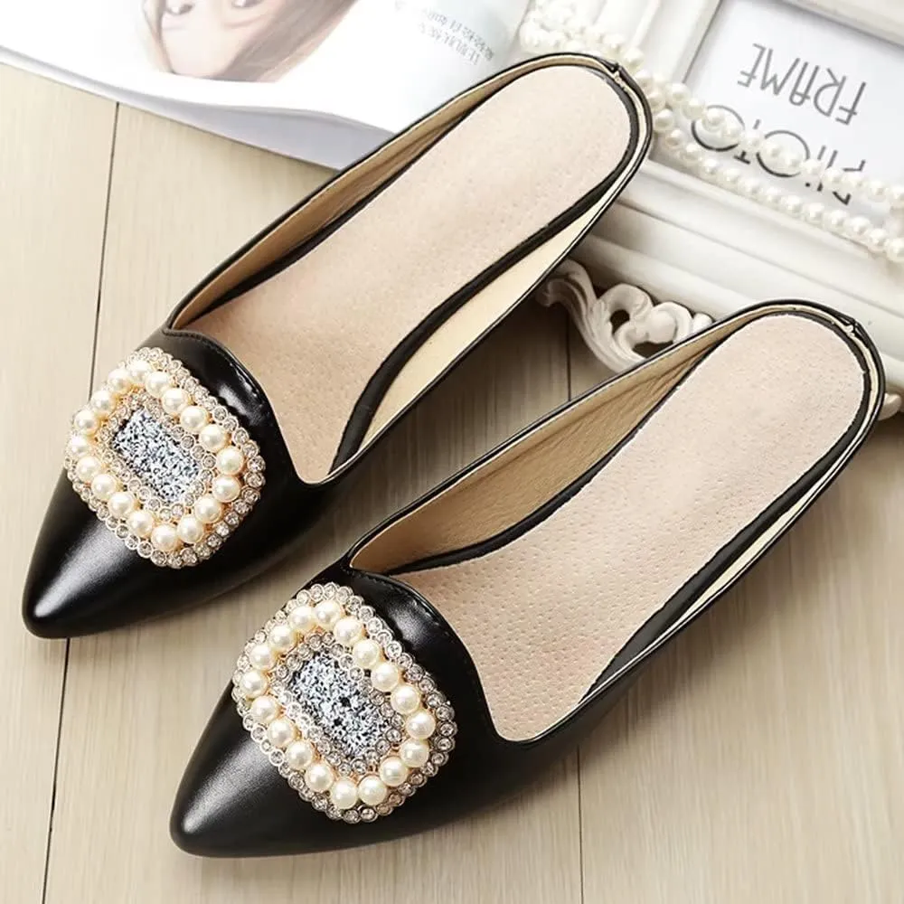 Hee grand Women's Flat Mules Crystal Shoes Rhinestone Pointed Toe Backless Slides Light Weight Slip on Loafers