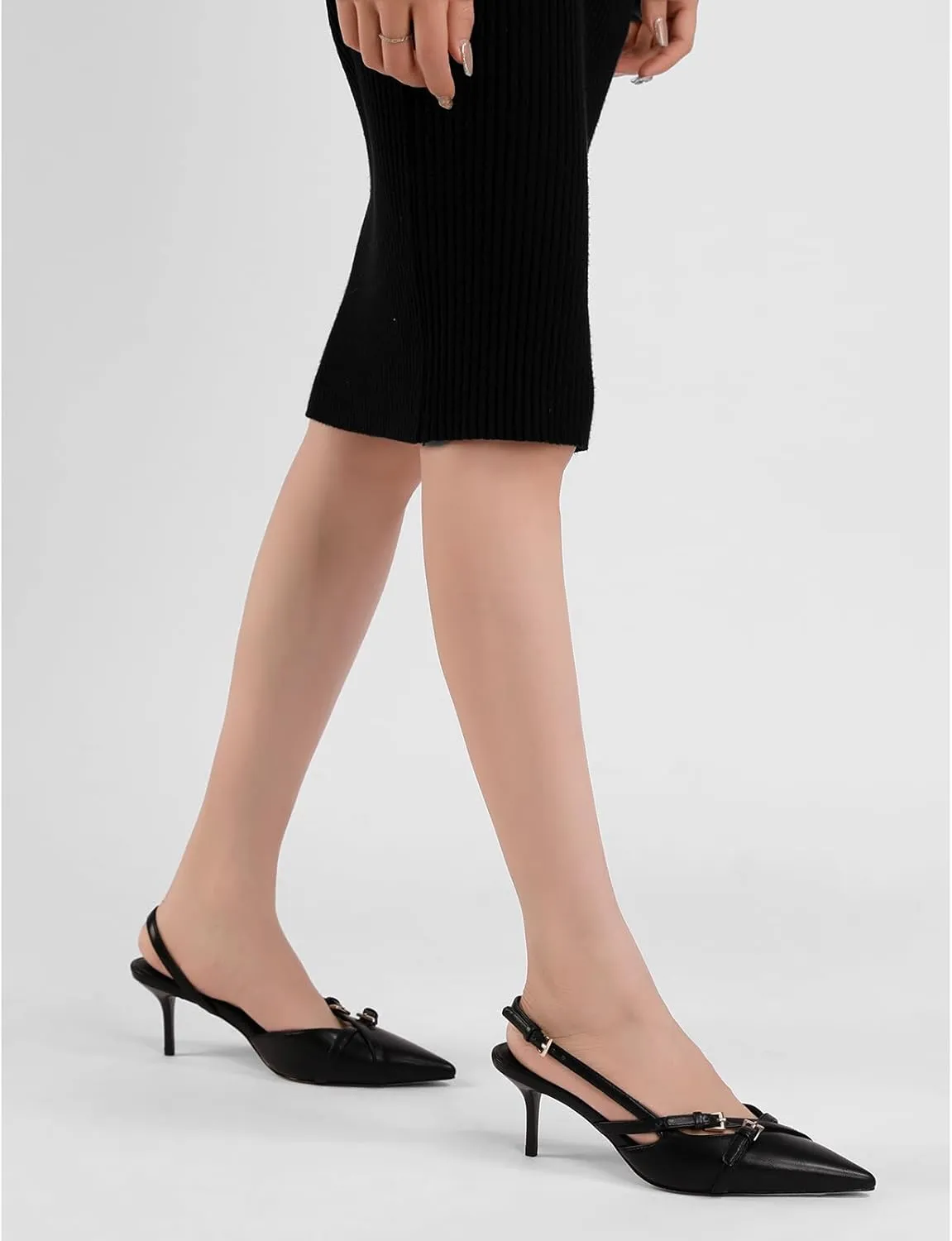 Heeled Slingback Kitten Heels for Women Closed Pointed Toe Pumps with Buckles