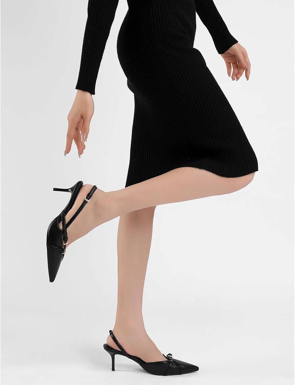 Heeled Slingback Kitten Heels for Women Closed Pointed Toe Pumps with Buckles