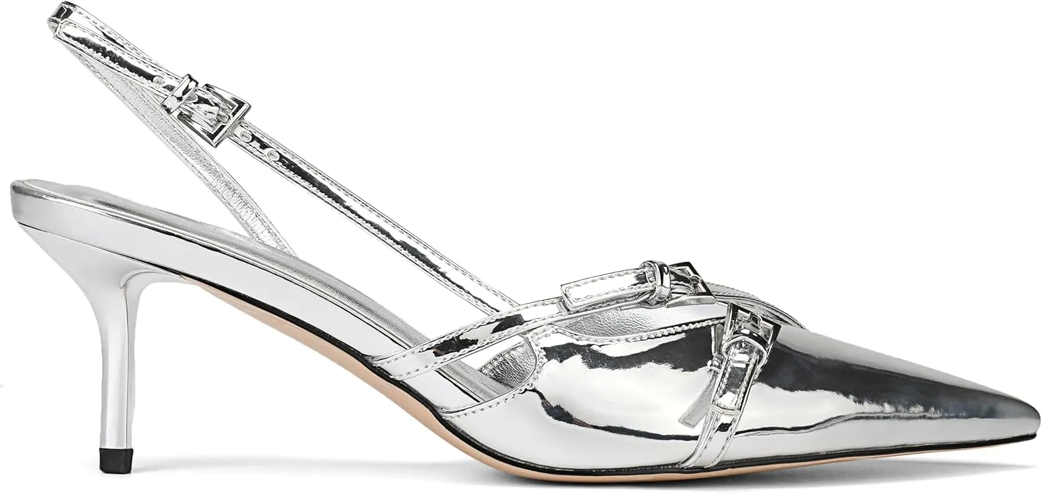 Heeled Slingback Kitten Heels for Women Closed Pointed Toe Pumps with Buckles