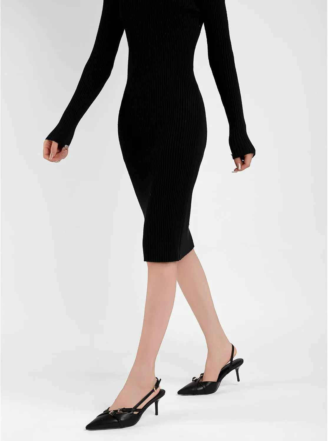 Heeled Slingback Kitten Heels for Women Closed Pointed Toe Pumps with Buckles