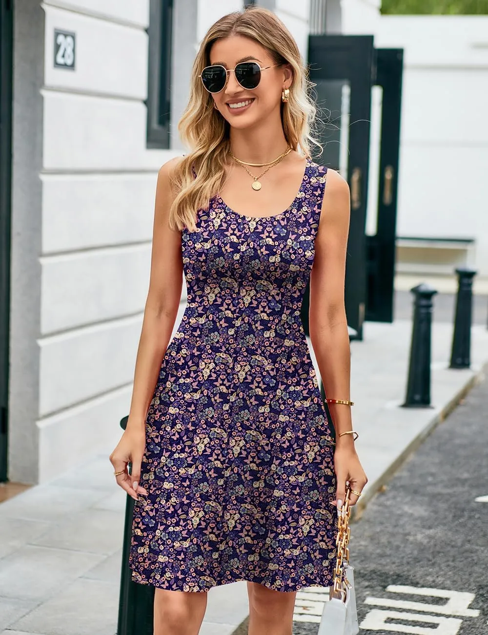 Herou Summer Beach Floral Dresses for Women A line Sleeveless Wide Strap High Waist Midi Tank Dress