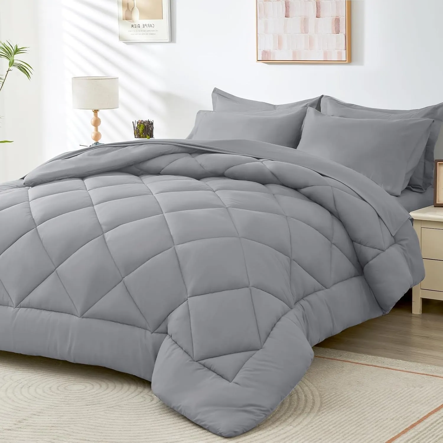 HEVUMYI Light Grey Queen Comforter Set - 7-Piece All Season Bed in a Bag Queen, Ultra Soft Bedding Set with Comforter, Flat Sheet, Fitted Sheet, Pillowcases, Pillow Shams, Light Gray