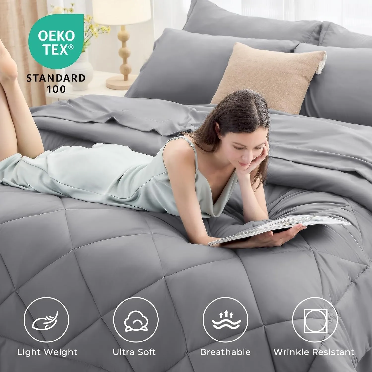 HEVUMYI Light Grey Queen Comforter Set - 7-Piece All Season Bed in a Bag Queen, Ultra Soft Bedding Set with Comforter, Flat Sheet, Fitted Sheet, Pillowcases, Pillow Shams, Light Gray