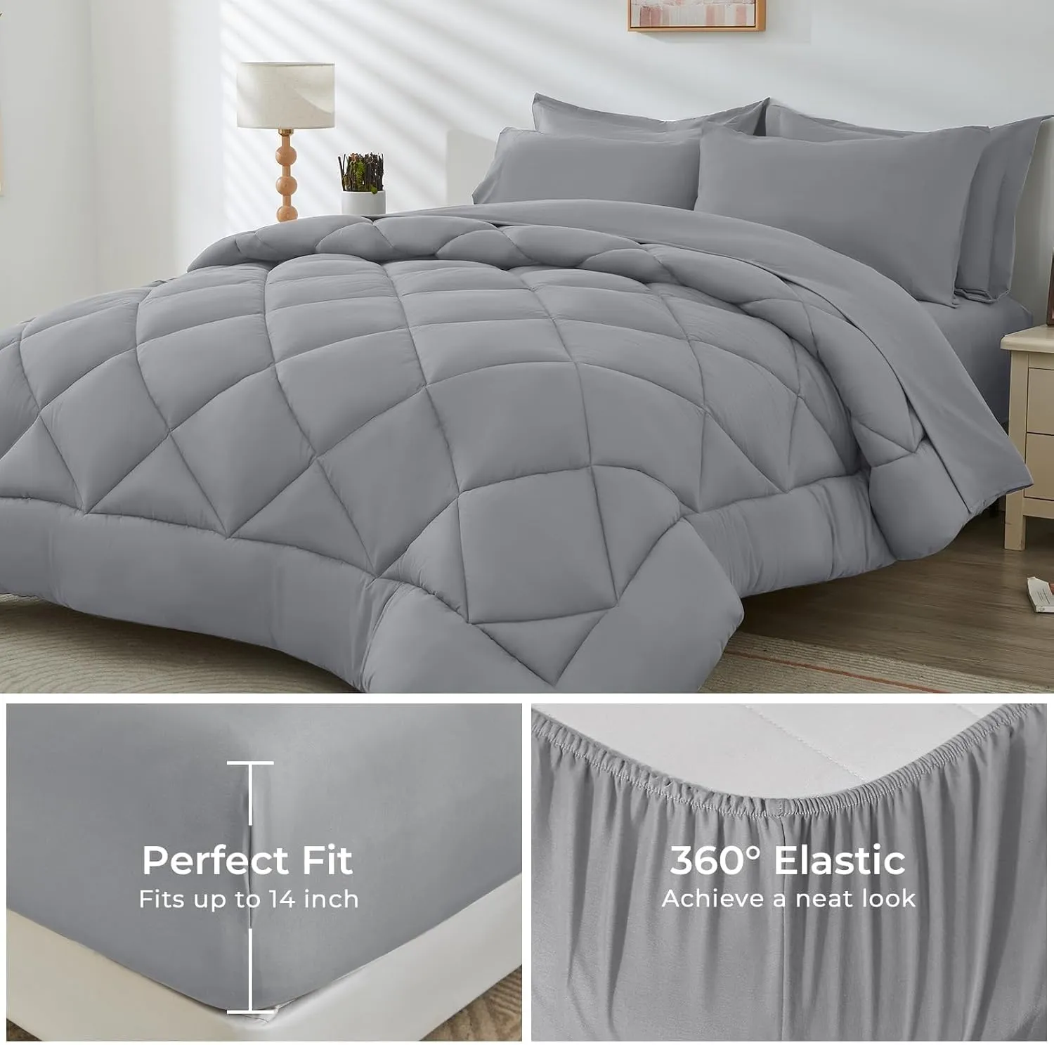 HEVUMYI Light Grey Queen Comforter Set - 7-Piece All Season Bed in a Bag Queen, Ultra Soft Bedding Set with Comforter, Flat Sheet, Fitted Sheet, Pillowcases, Pillow Shams, Light Gray