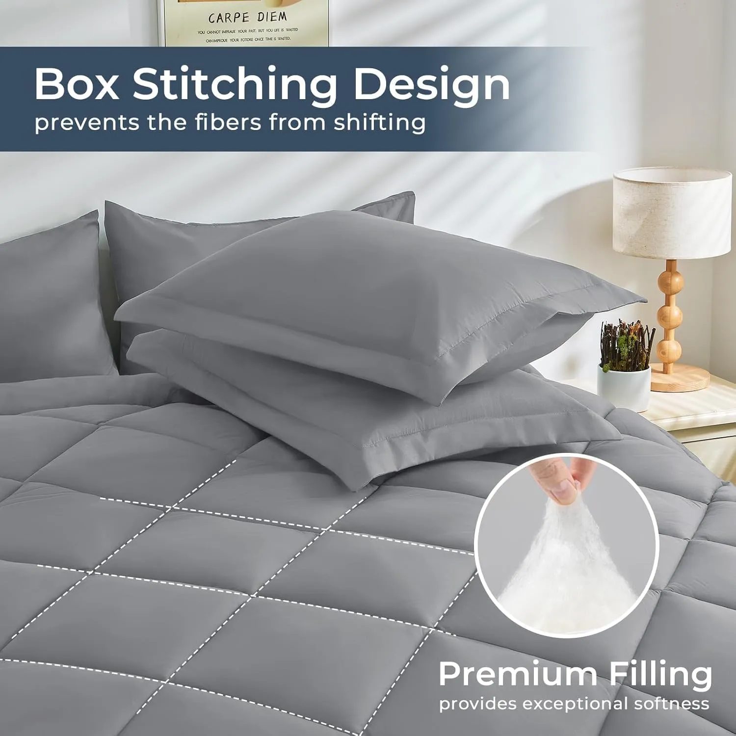 HEVUMYI Light Grey Queen Comforter Set - 7-Piece All Season Bed in a Bag Queen, Ultra Soft Bedding Set with Comforter, Flat Sheet, Fitted Sheet, Pillowcases, Pillow Shams, Light Gray
