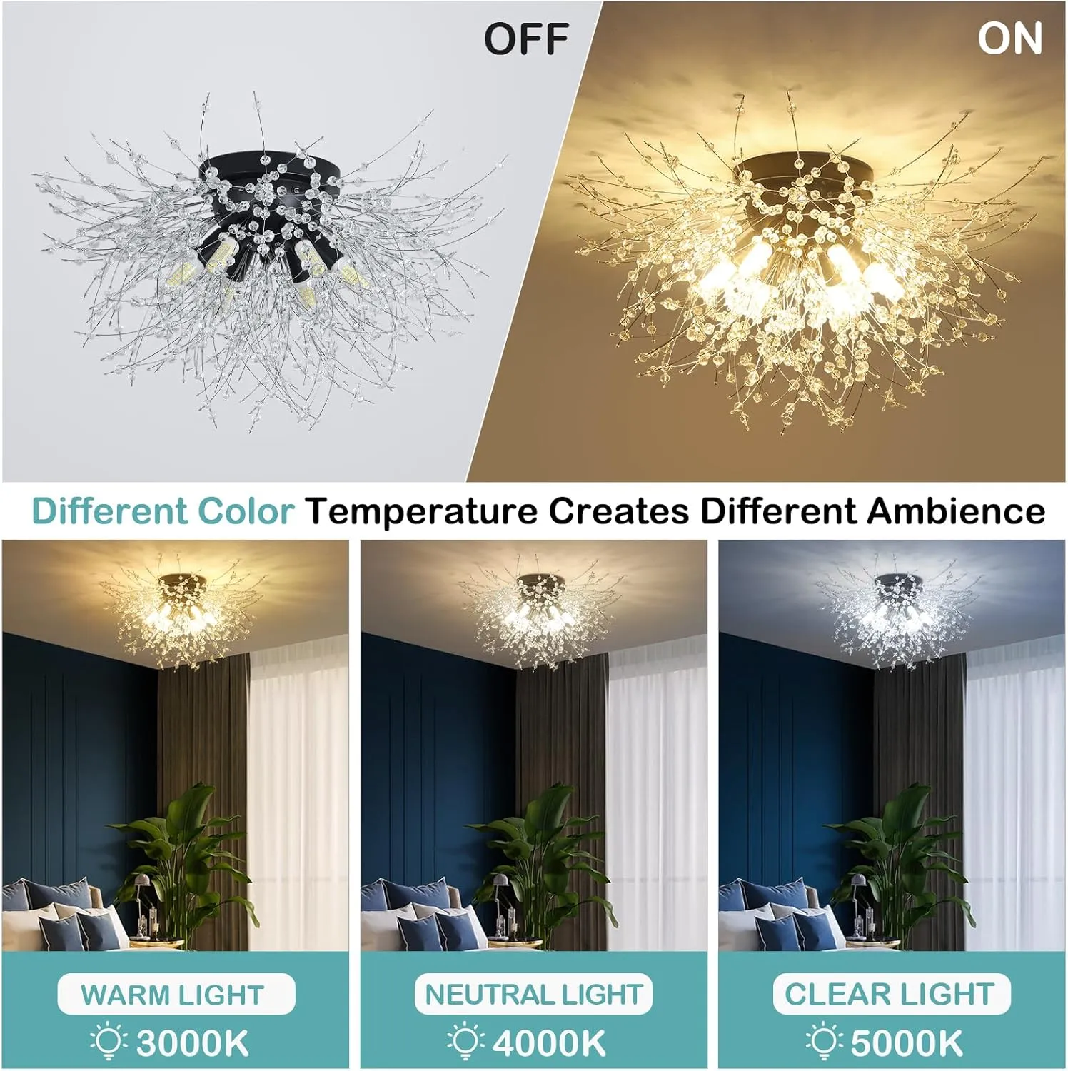HMVPL Black Ceiling Light Fixture,6-Light Firework Sputnik Flush Mount Ceiling Light with K9 Crystal String,Modern Close to Ceiling Light for Bedroom Bathroom Hallway Kitchen Entrance Closet