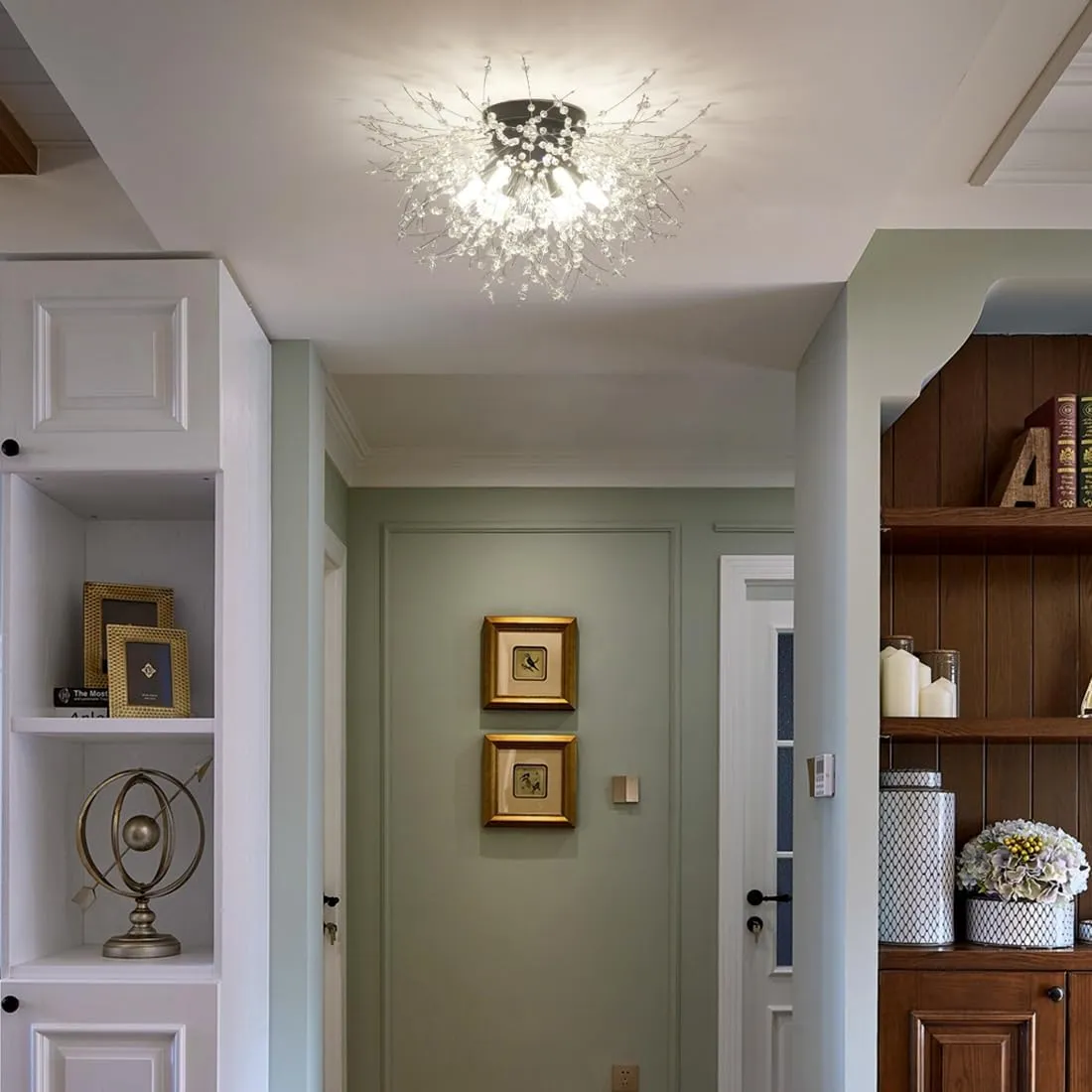 HMVPL Black Ceiling Light Fixture,6-Light Firework Sputnik Flush Mount Ceiling Light with K9 Crystal String,Modern Close to Ceiling Light for Bedroom Bathroom Hallway Kitchen Entrance Closet
