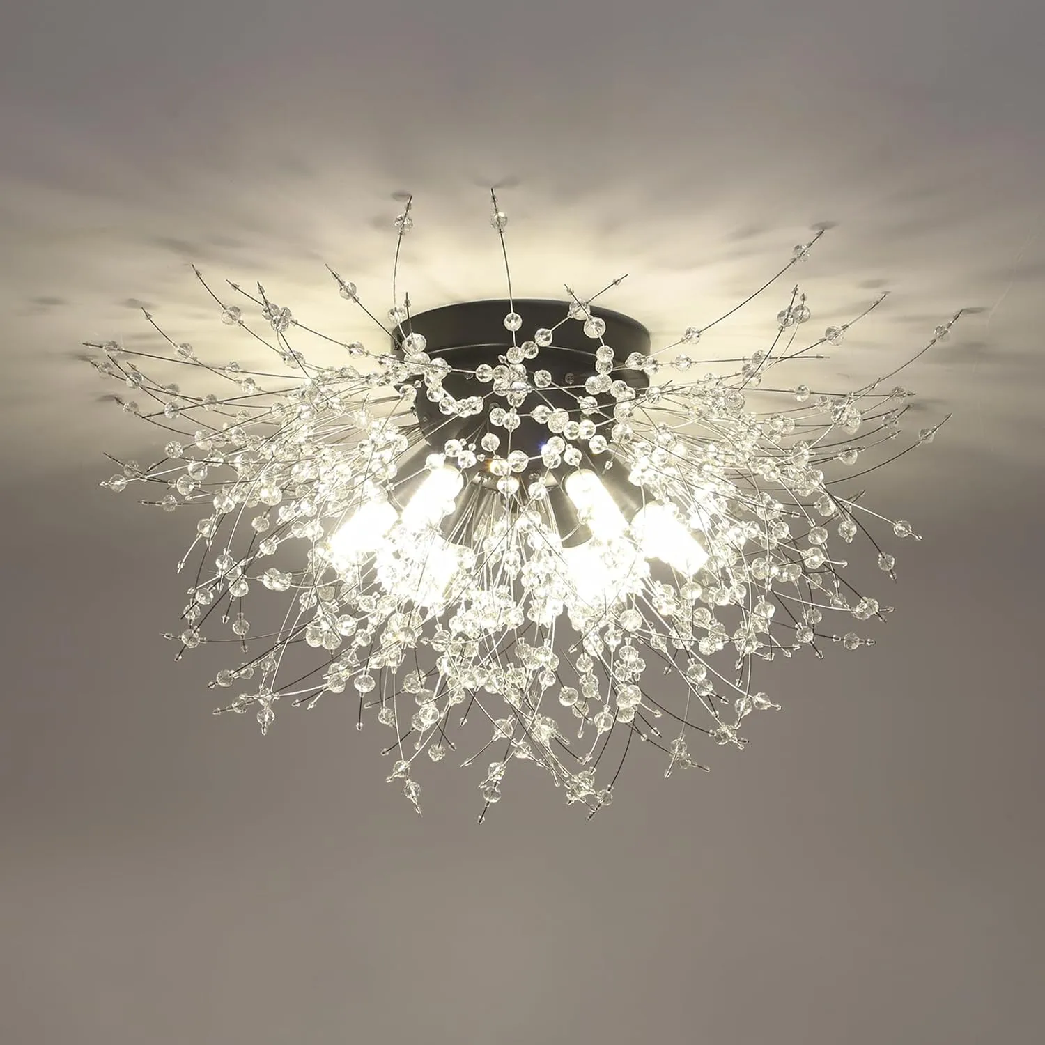HMVPL Black Ceiling Light Fixture,6-Light Firework Sputnik Flush Mount Ceiling Light with K9 Crystal String,Modern Close to Ceiling Light for Bedroom Bathroom Hallway Kitchen Entrance Closet