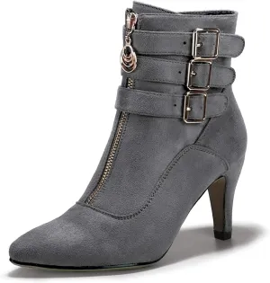 IDIFU Women's Buckle Strap Ankle Booties 3 Inch Pointed Toe Zipper Heels Dress Jeans Boots