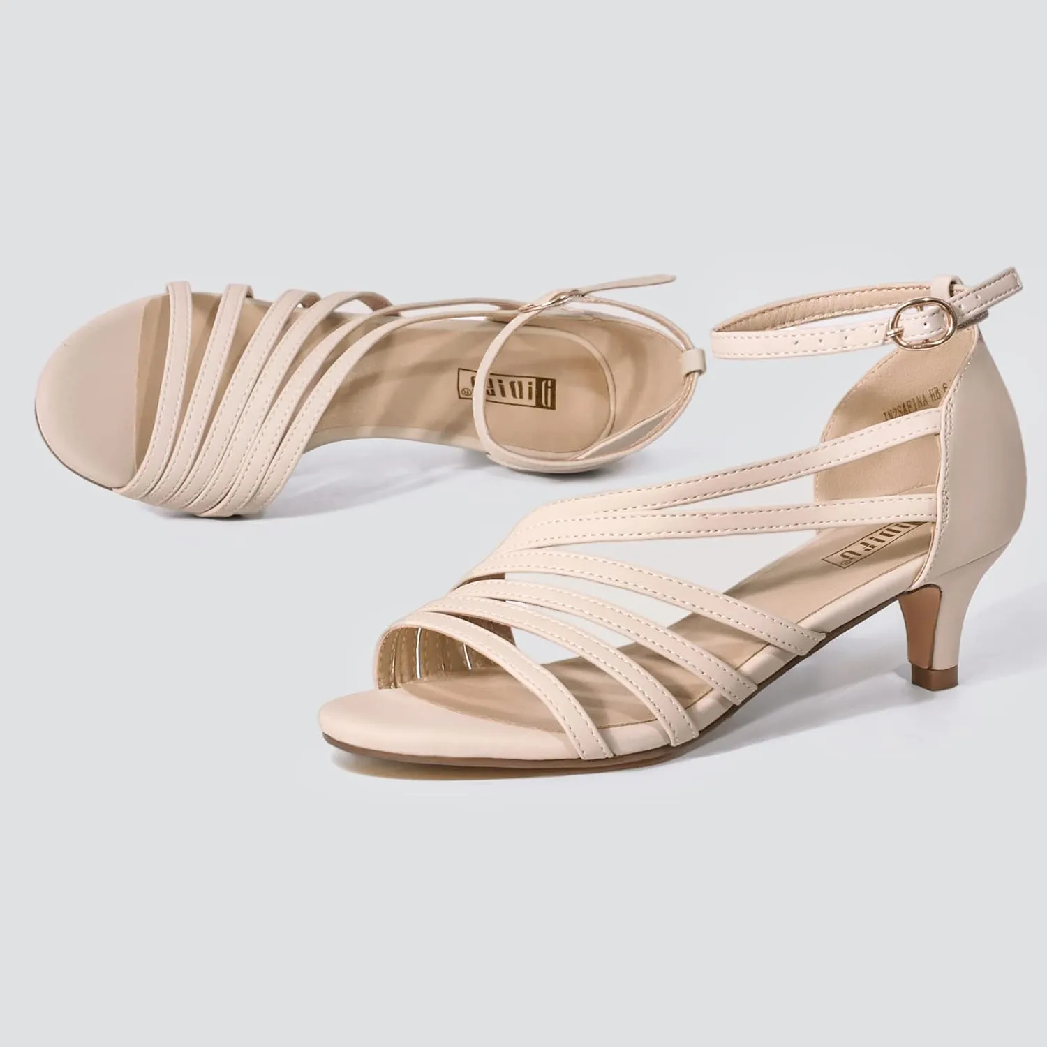IDIFU Women's Low Kitten Strappy Sandals Heels Open Toe Ankle Strap Bridal Dress Wedding Shoes For Women