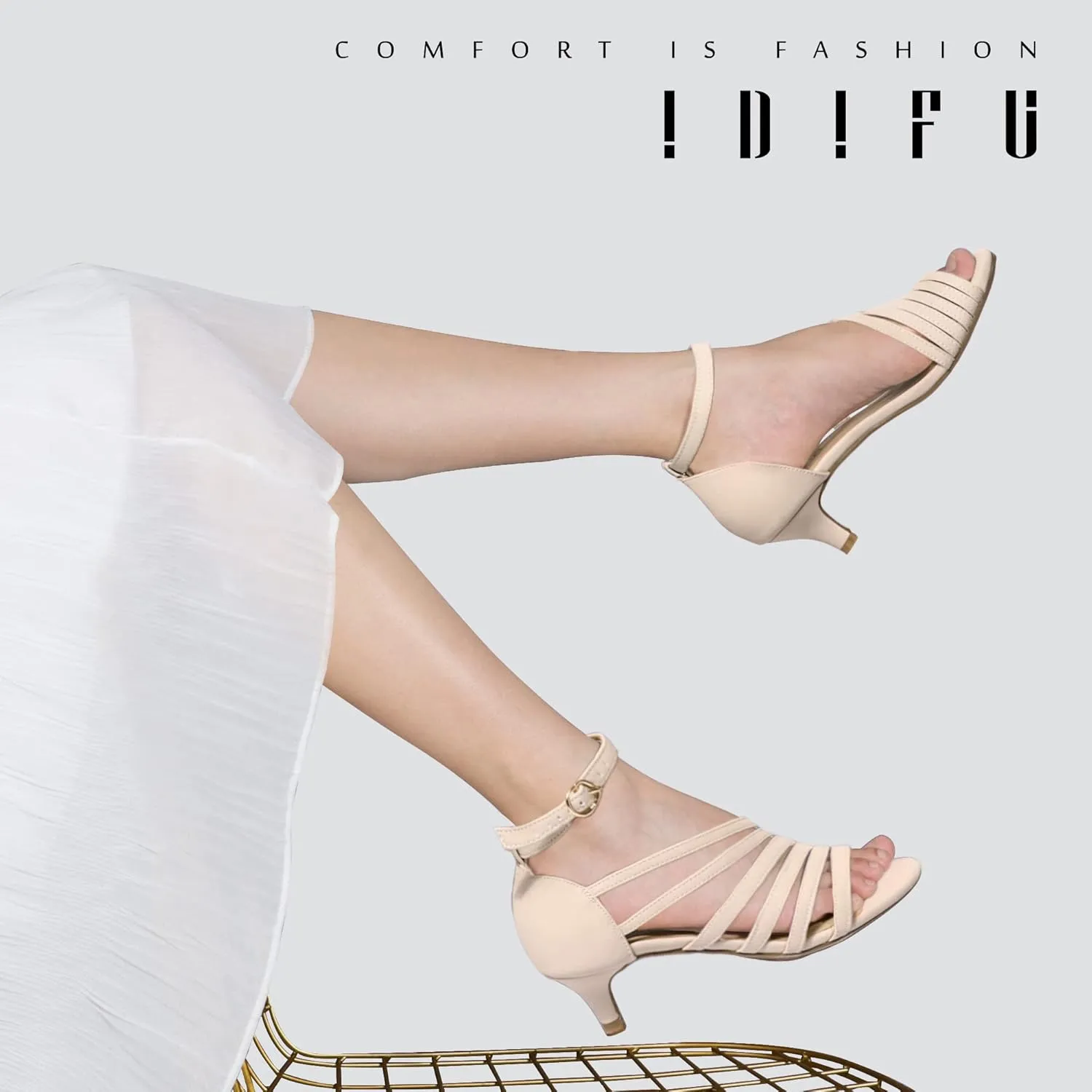 IDIFU Women's Low Kitten Strappy Sandals Heels Open Toe Ankle Strap Bridal Dress Wedding Shoes For Women