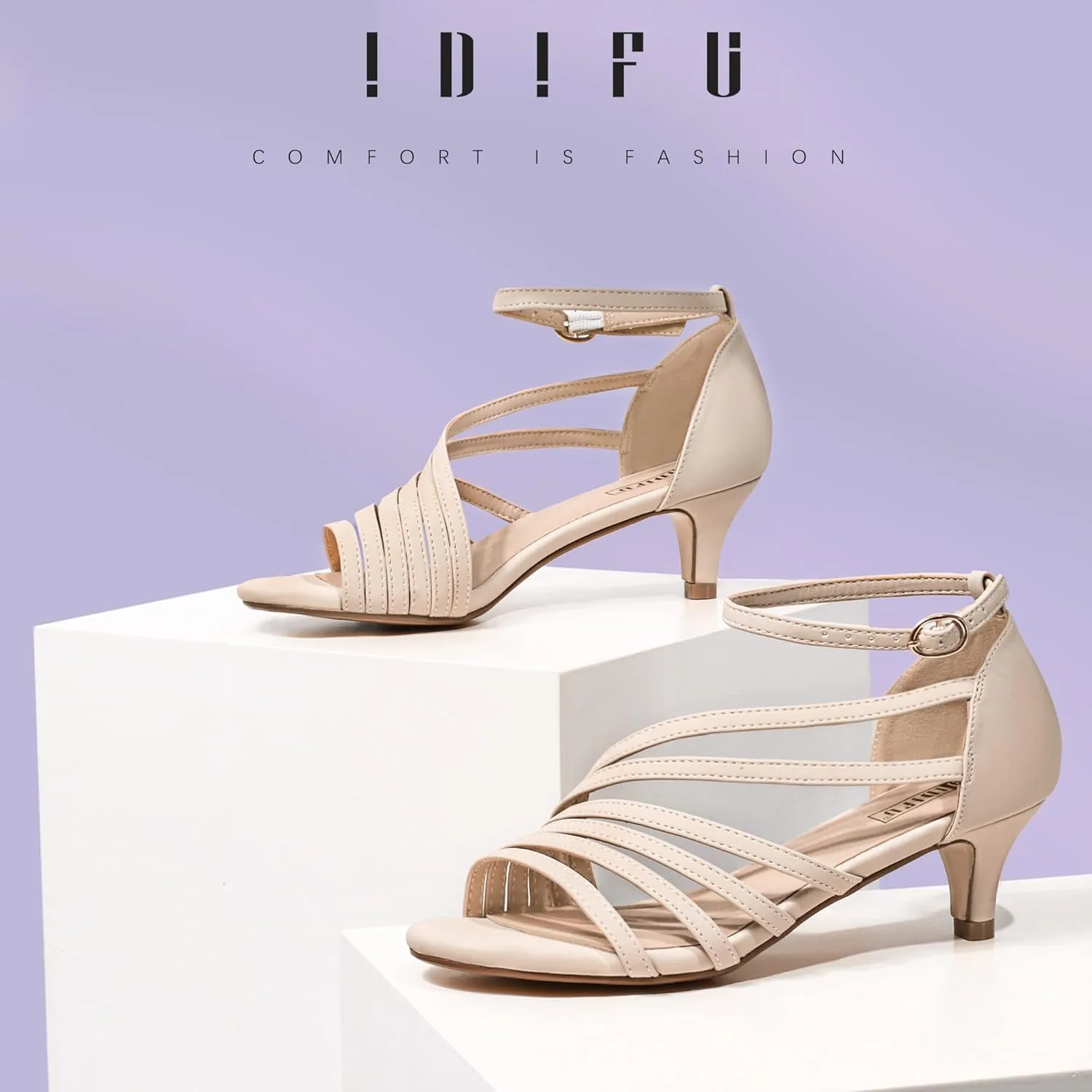 IDIFU Women's Low Kitten Strappy Sandals Heels Open Toe Ankle Strap Bridal Dress Wedding Shoes For Women