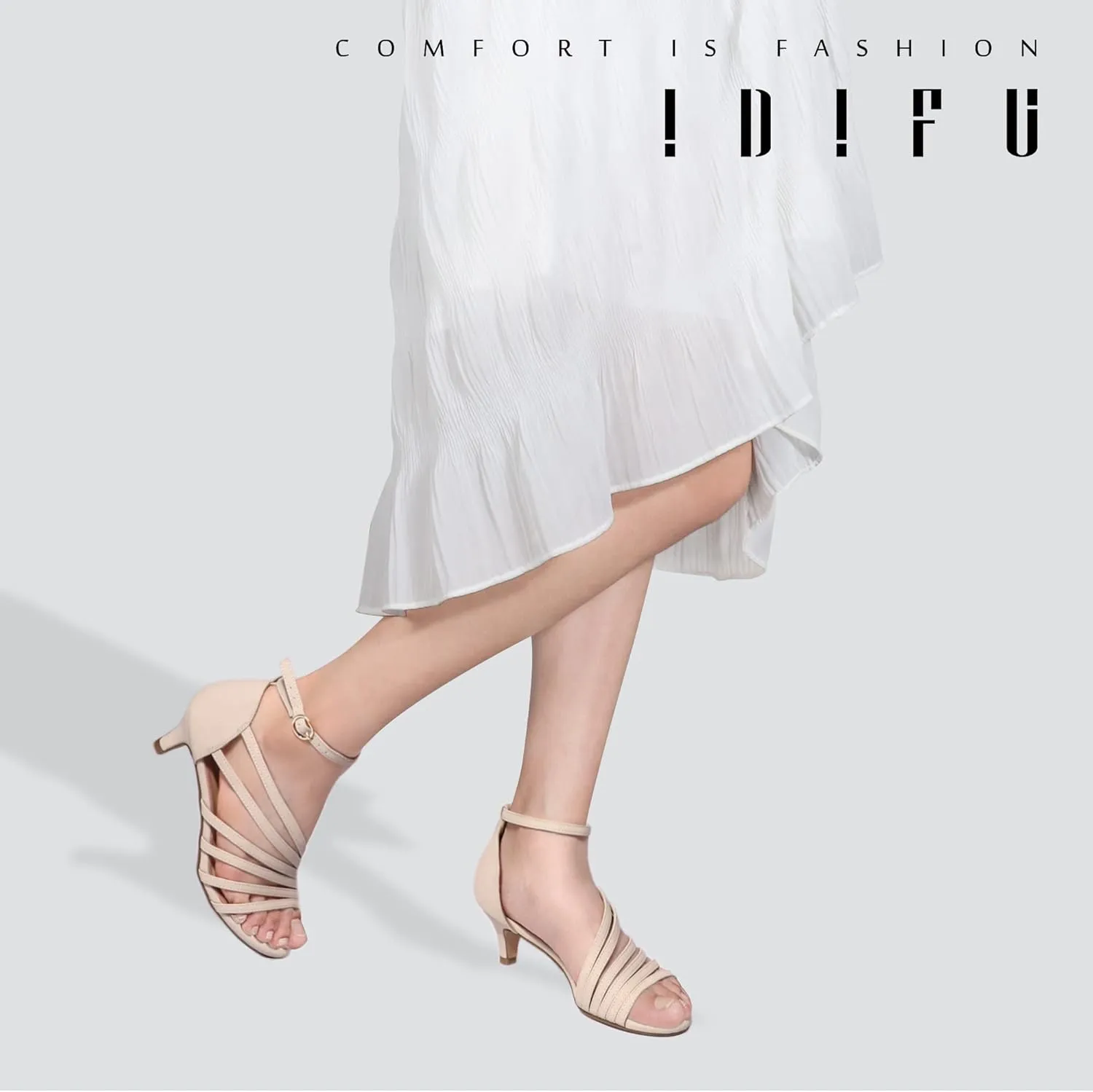 IDIFU Women's Low Kitten Strappy Sandals Heels Open Toe Ankle Strap Bridal Dress Wedding Shoes For Women