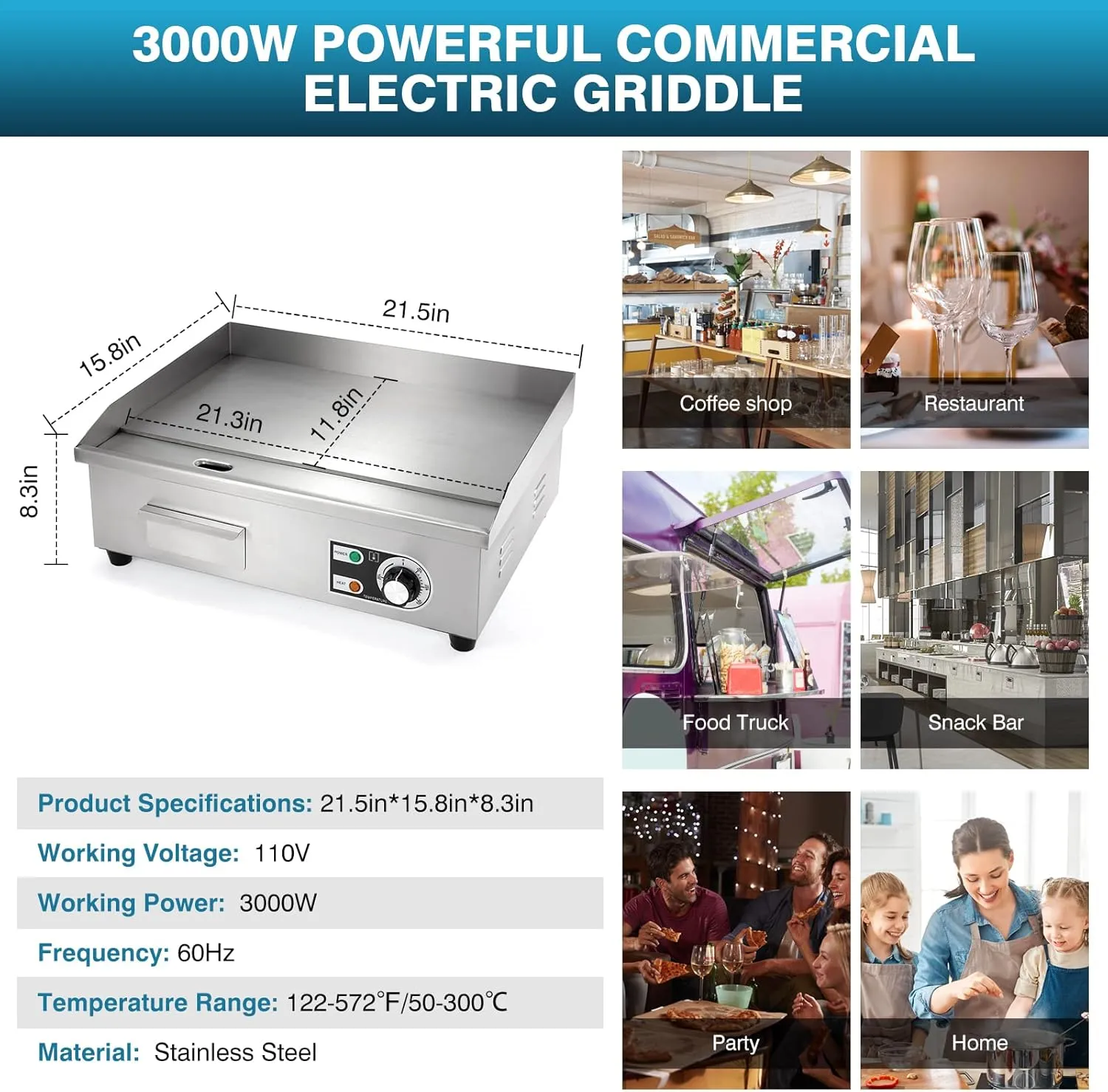 IRONWALLS Commercial Electric Griddle 22”, 3000W Electric Flat Top Griddle Grill Indoor with 122~572℉ Adjustable Temperature Control, Non-stick Stainless Steel Teppanyaki Grill for Restaurant, Hotel