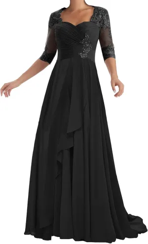 ISABUFEI Mother of The Bride Dresses with Sleeves Long Formal Evening Dress Lace Appliques Wedding Guest Dresses for Women
