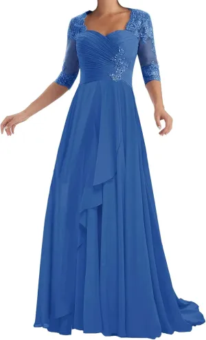 ISABUFEI Mother of The Bride Dresses with Sleeves Long Formal Evening Dress Lace Appliques Wedding Guest Dresses for Women
