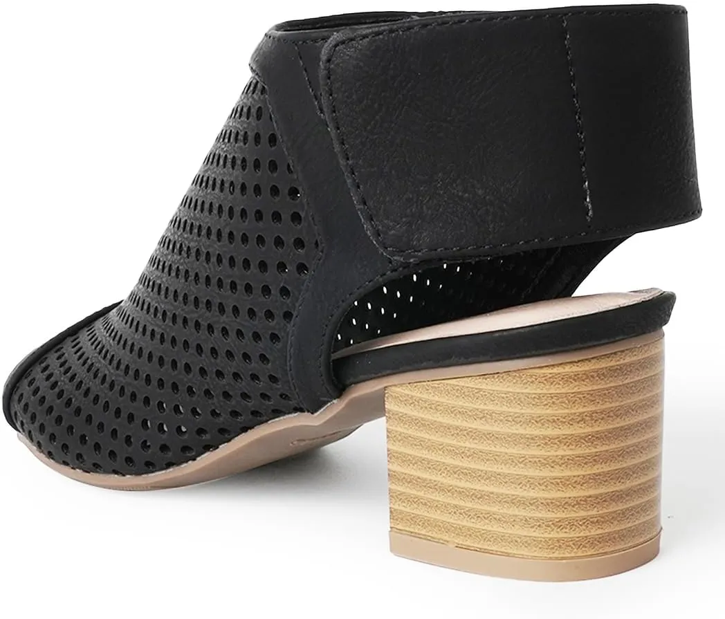 J. Adams Maddie Booties for Women - Peep Toe Low Block Heel Hook & Loop Strap