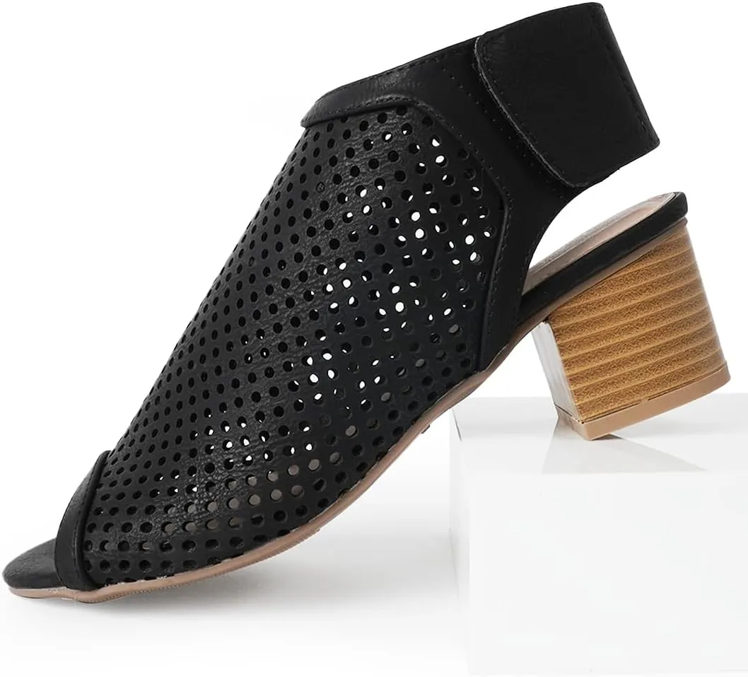 J. Adams Maddie Booties for Women - Peep Toe Low Block Heel Hook & Loop Strap