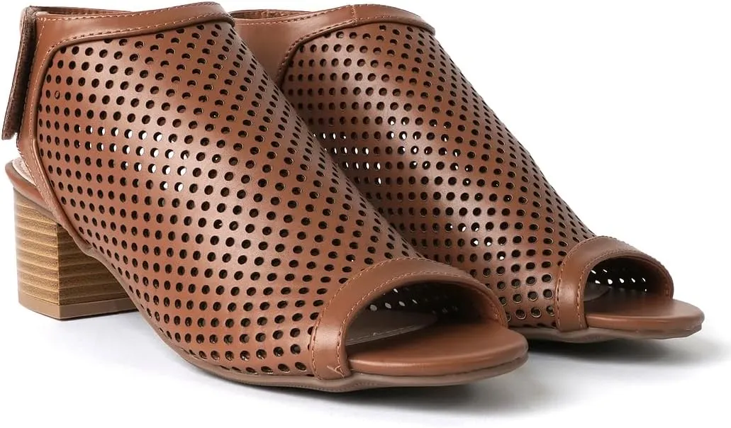 J. Adams Maddie Booties for Women - Peep Toe Low Block Heel Hook & Loop Strap