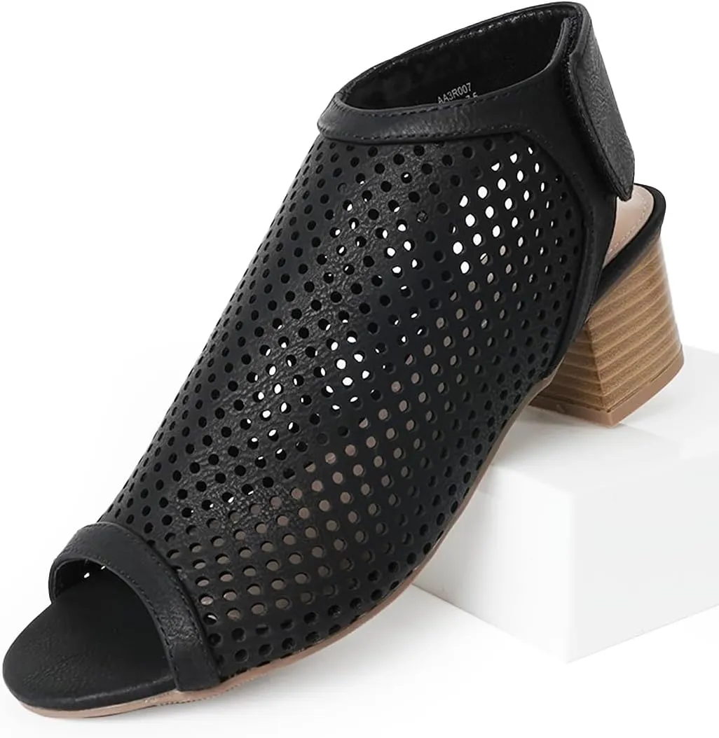 J. Adams Maddie Booties for Women - Peep Toe Low Block Heel Hook & Loop Strap
