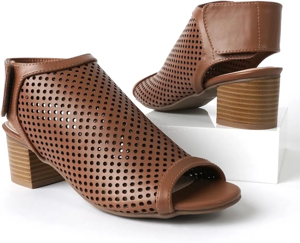 J. Adams Maddie Booties for Women - Peep Toe Low Block Heel Hook & Loop Strap