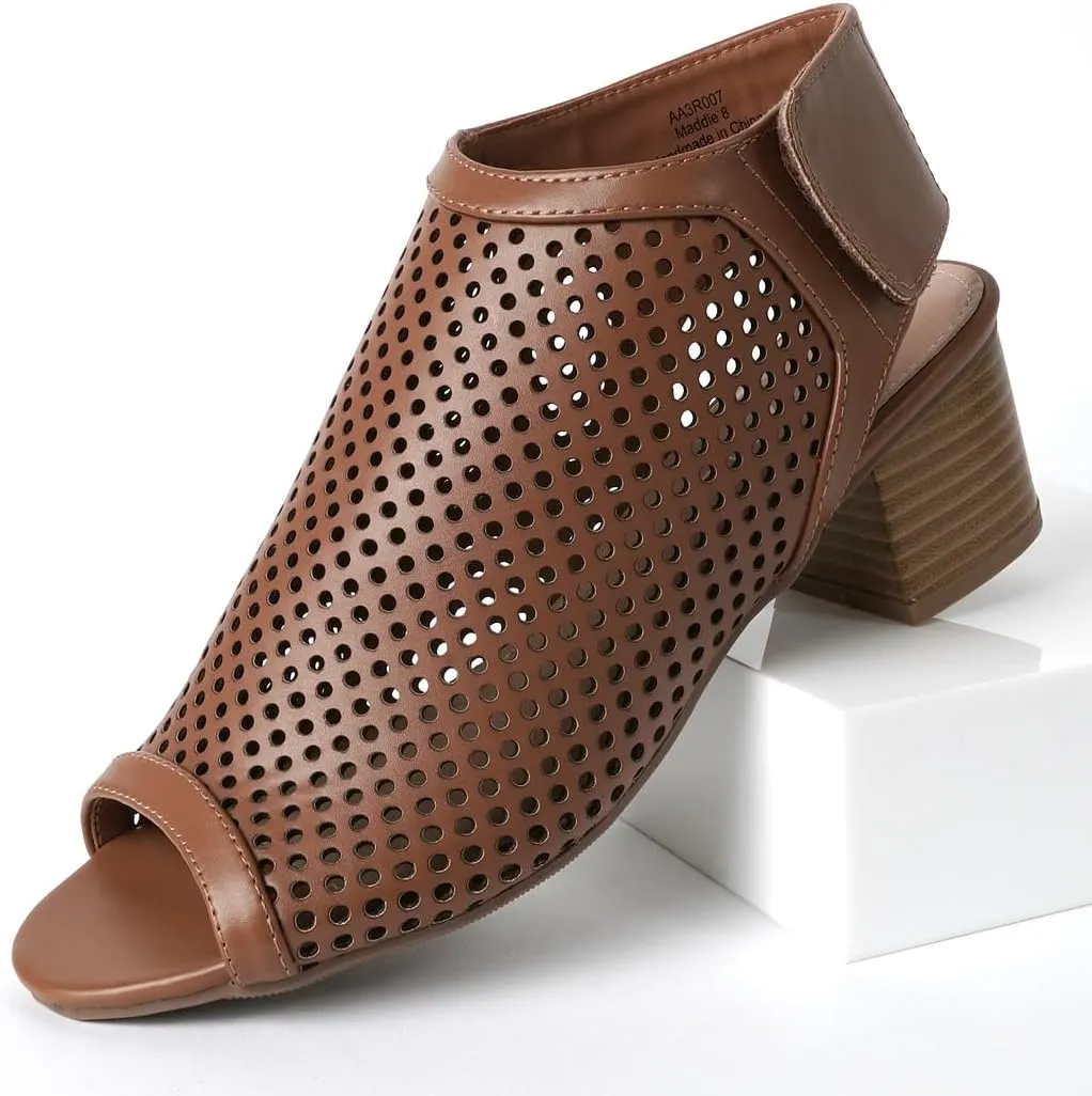 J. Adams Maddie Booties for Women - Peep Toe Low Block Heel Hook & Loop Strap