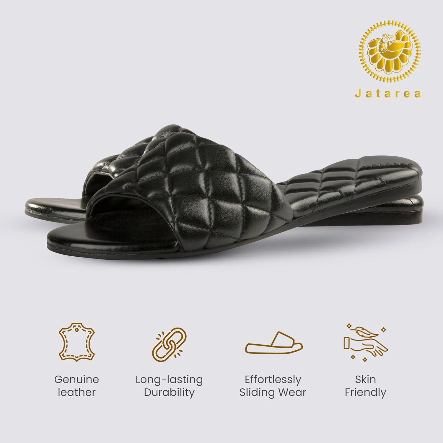 JATAREA Women’s Slip-On Flat Sandals with Round Open Toe | Dressy Summer Slides for Women