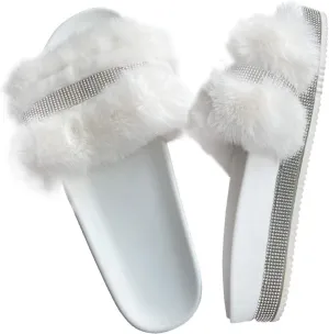 JITUUE light Slide Slippers for women Slip On heel Flats Platform with Faux Fur Rhinestone Outdoor Indoor Open Toe Sandals