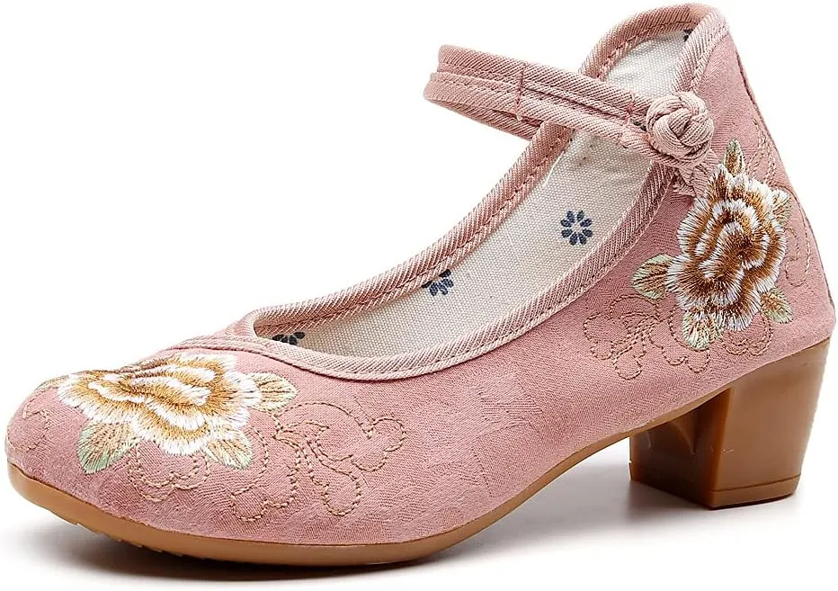 JOEupin Women Chinese Embroidered Flower Flat Bridal Mary Jane Ballet Shoes