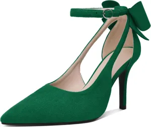 Joseywade Bow Heels Stiletto High Heels Bowtie Bowknot Heels D'Orsay Cutout Pumps Pointed Toe Women Ankle Strap Dress Shoes 3.5 Inch