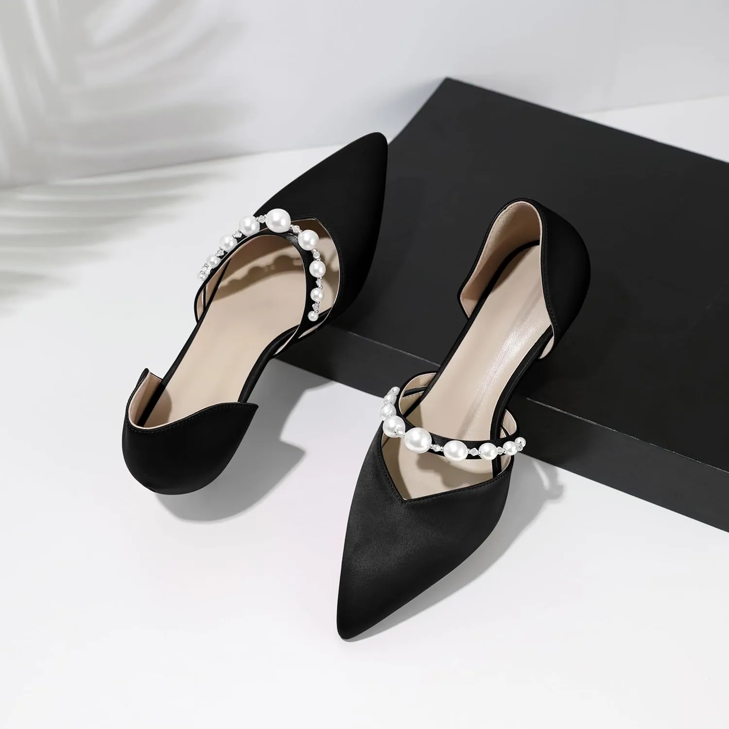 Joseywade Low Heels for Women Kitten Heels Pumps Pearl Closed Pointed Toe Slip-on 1.5 Inch Satin Wedding D'Orsay Bridal Shoes