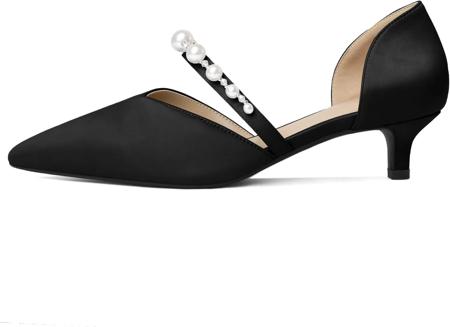 Joseywade Low Heels for Women Kitten Heels Pumps Pearl Closed Pointed Toe Slip-on 1.5 Inch Satin Wedding D'Orsay Bridal Shoes