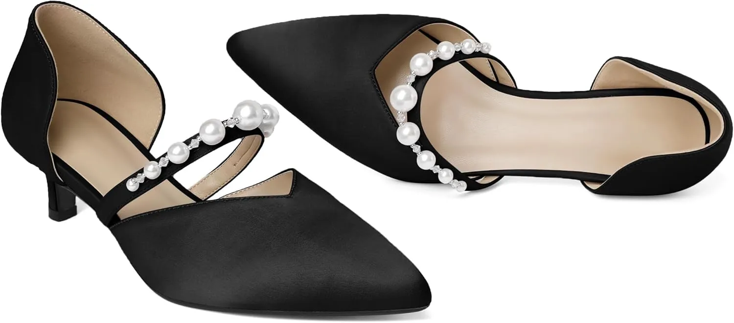 Joseywade Low Heels for Women Kitten Heels Pumps Pearl Closed Pointed Toe Slip-on 1.5 Inch Satin Wedding D'Orsay Bridal Shoes