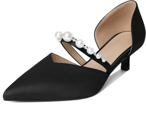 Joseywade Low Heels for Women Kitten Heels Pumps Pearl Closed Pointed Toe Slip-on 1.5 Inch Satin Wedding D'Orsay Bridal Shoes