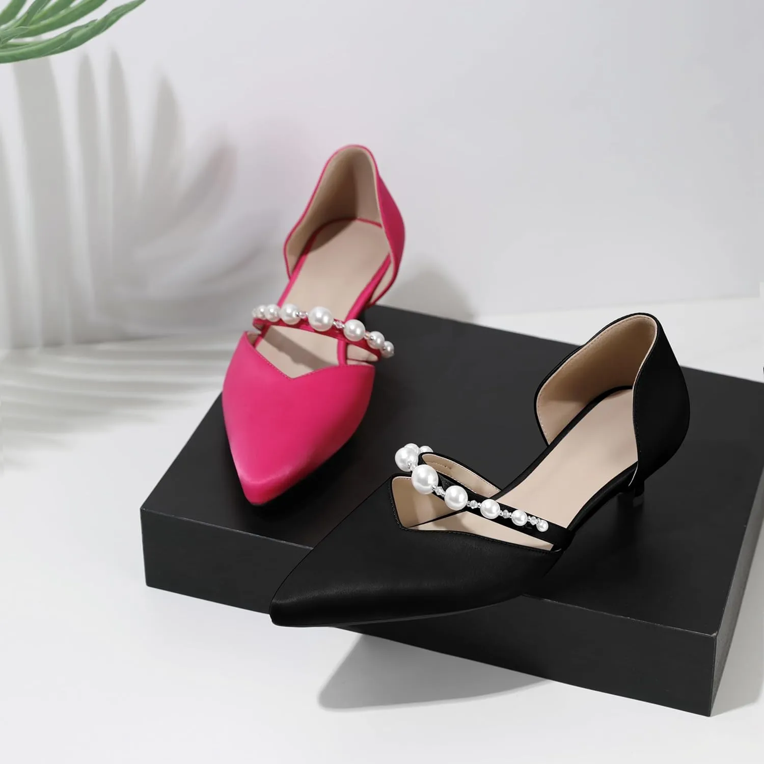 Joseywade Low Heels for Women Kitten Heels Pumps Pearl Closed Pointed Toe Slip-on 1.5 Inch Satin Wedding D'Orsay Bridal Shoes