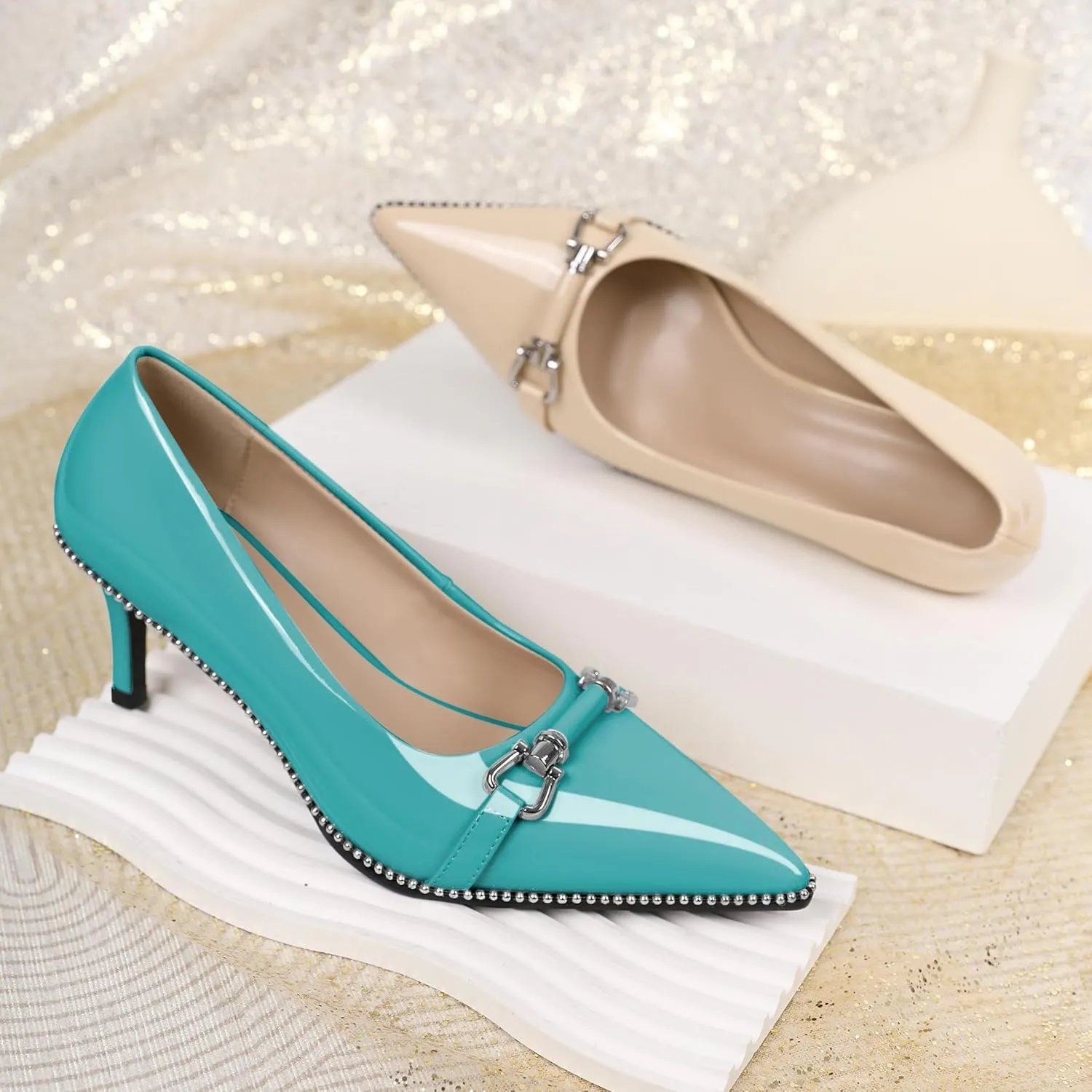 Joseywade Women Low Kitten Heel Pumps Slip On 2.5 Inches Closed Pointed Toe Beaded Metal Buckle Shoes