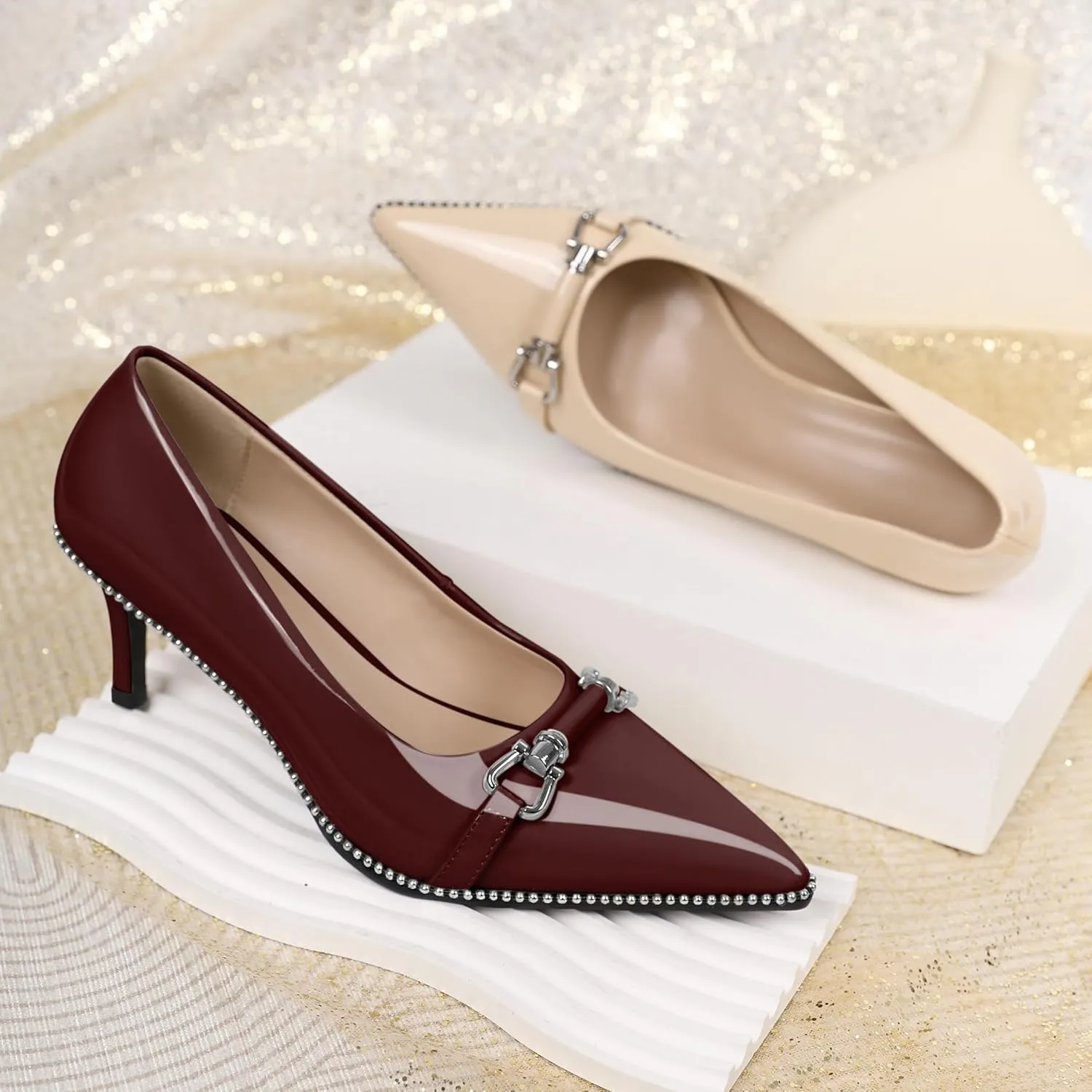 Joseywade Women Low Kitten Heel Pumps Slip On 2.5 Inches Closed Pointed Toe Beaded Metal Buckle Shoes