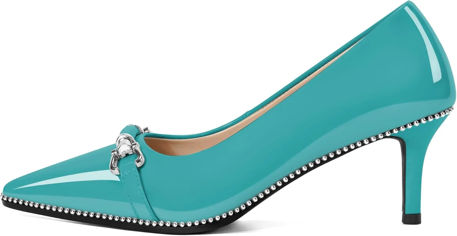 Joseywade Women Low Kitten Heel Pumps Slip On 2.5 Inches Closed Pointed Toe Beaded Metal Buckle Shoes