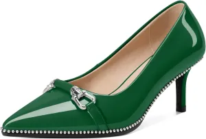 Joseywade Women Low Kitten Heel Pumps Slip On 2.5 Inches Closed Pointed Toe Beaded Metal Buckle Shoes