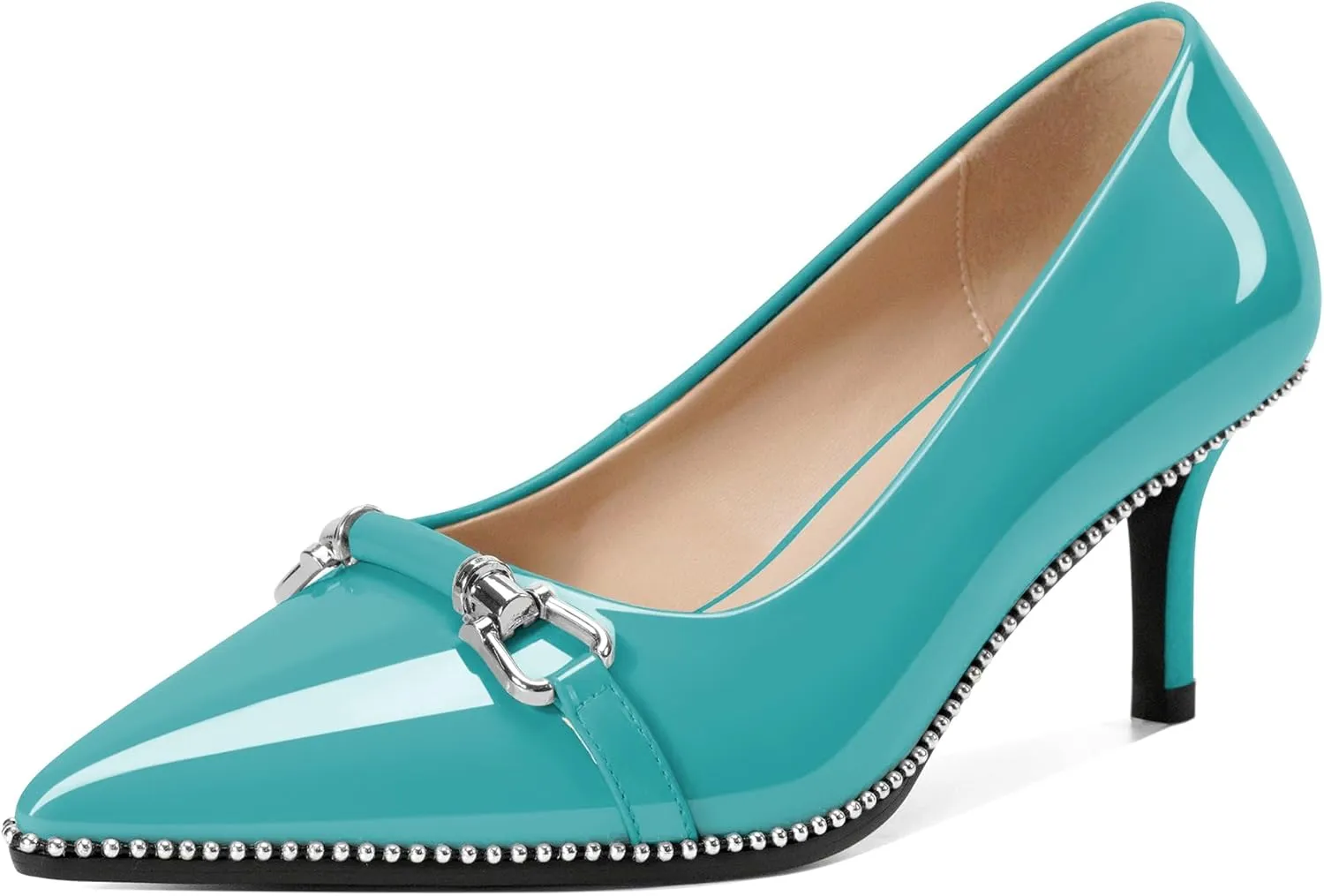 Joseywade Women Low Kitten Heel Pumps Slip On 2.5 Inches Closed Pointed Toe Beaded Metal Buckle Shoes
