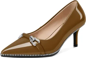 Joseywade Women Low Kitten Heel Pumps Slip On 2.5 Inches Closed Pointed Toe Beaded Metal Buckle Shoes