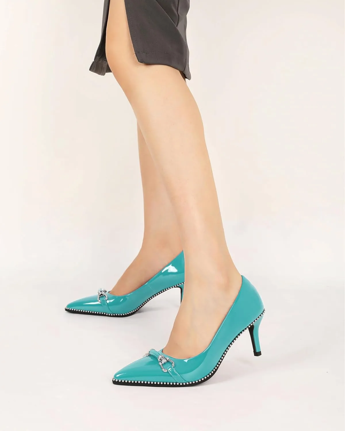 Joseywade Women Low Kitten Heel Pumps Slip On 2.5 Inches Closed Pointed Toe Beaded Metal Buckle Shoes