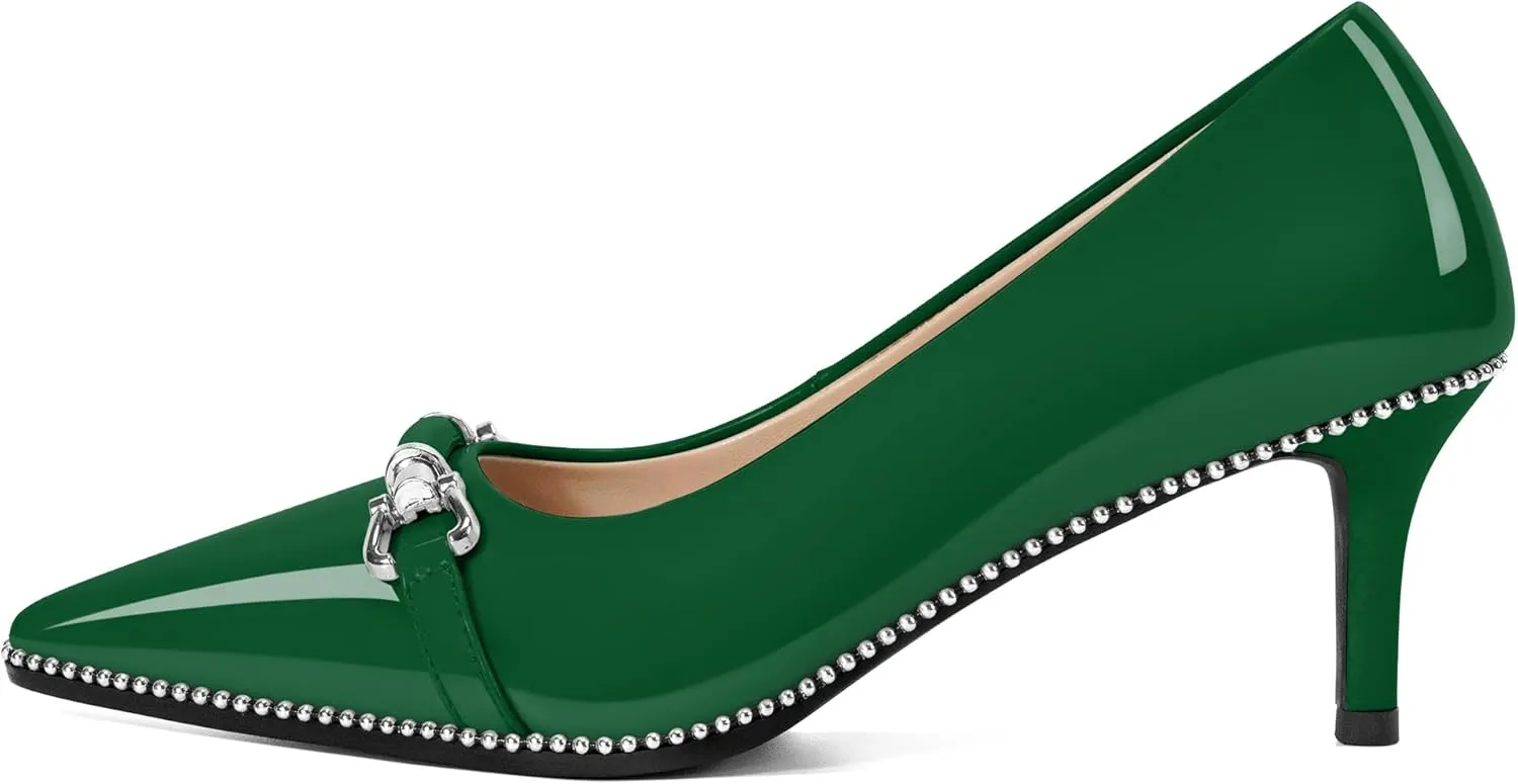 Joseywade Women Low Kitten Heel Pumps Slip On 2.5 Inches Closed Pointed Toe Beaded Metal Buckle Shoes