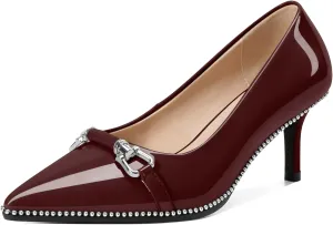 Joseywade Women Low Kitten Heel Pumps Slip On 2.5 Inches Closed Pointed Toe Beaded Metal Buckle Shoes